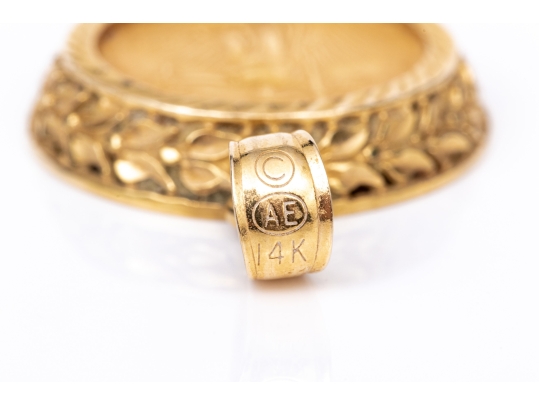 14k Yellow Gold Ornate Coin Holder Pendant With A 2001 $5 American Gold Eagle Coin