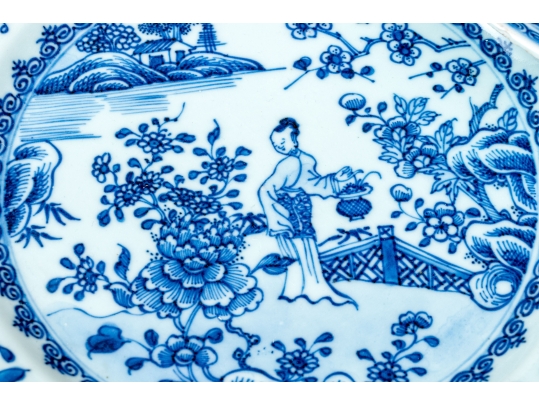 Set Of Seven Antique Chinese Export Blue And White Canton Pattern Porcelain Plates