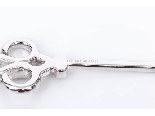 14k White Gold Handsome Diamond Set Swirled End Key Pendant, App. 0.21 TCW, With Chain