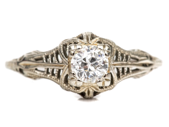 18k White Gold Vintage Filigree And Diamond Ring, App. 0.28 CTS, Size 6.5