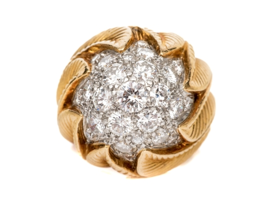 Van Cleef & Arpels 18k Yellow Gold Stunning Vintage Pave Diamond Foliate Ring, Size 3.75