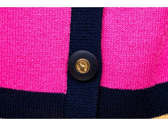 St. John Pink And Navy Blue Cardigan And Skirt Suit, Size 12