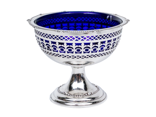 Antique English Silverplate And Cobalt Glass Serving Bowl 