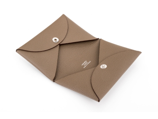 Hermes Taupe Leather Calvi Card Holder, With Box