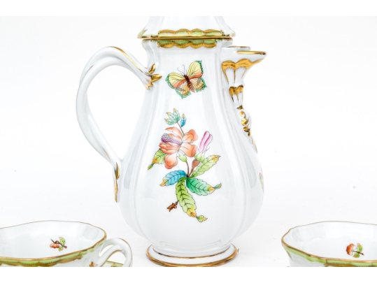 Rare Herend Hungary Hand-Painted Coffee Set,  Queen Victoria (VBO) Pattern