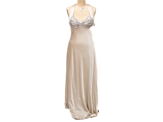 Fantastic Calvin Klein Beige Evening Gown With Lace Shoulder Cover, Size 12
