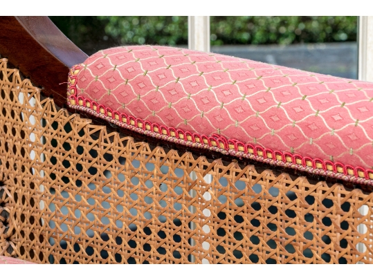 Mahogany And Cane Custom Upholstered Accent Armchair