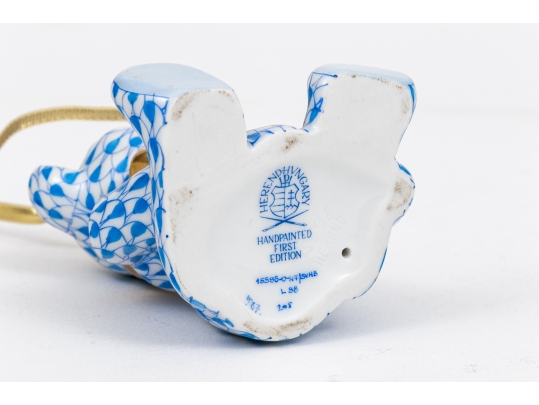 First Edition Herend Hungary Hand-Painted Porcelain Teddy Bear Ornament, Blue Fishnet Pattern