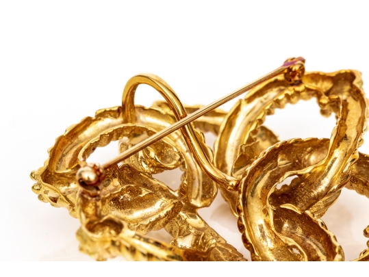 18k Yellow Gold Magnificent Ribbed And Beaded Knot Brooch/necklace Enhancer