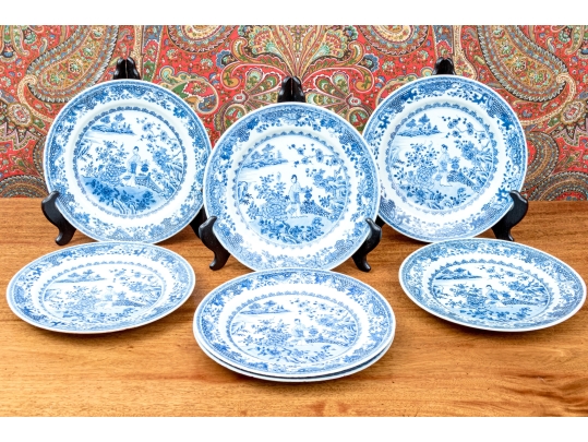 Set Of Seven Antique Chinese Export Blue And White Canton Pattern Porcelain Plates