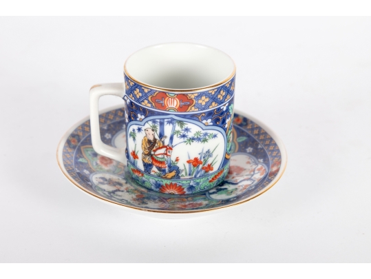 Japanese Imari-Style Porcelain Teacup And Saucer With Children/Floral Motifs