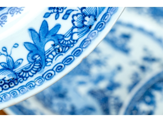 Set Of Seven Antique Chinese Export Blue And White Canton Pattern Porcelain Plates