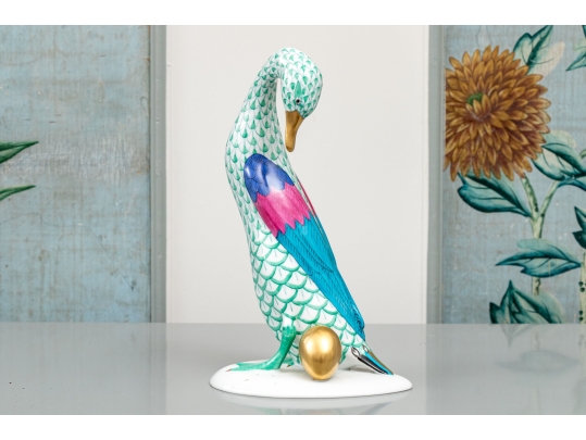 Herend Hungary Hand-Painted Porcelain Goose With Golden Egg, Green Fishnet Pattern, 7 1/2