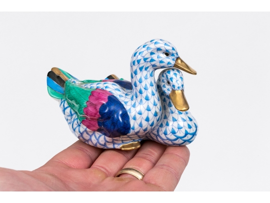 Herend Hungary Hand-Painted Porcelain Ducks – Blue Fishnet With Polychrome Feathers