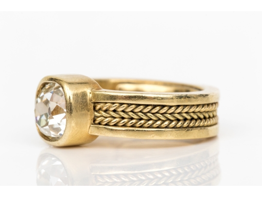 18k Yellow Gold Gorgeous Handmade Ring With Bezel Set Diamond, Size 5.75