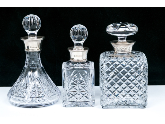 Group Of Three English Cut Glass Decanters Or Perfumes With Sterling Silver Collars