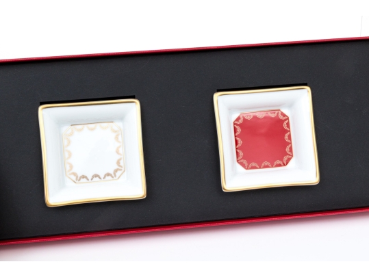 Cartier Pair Of Limoge Porcelain Trinket Trays, With Box