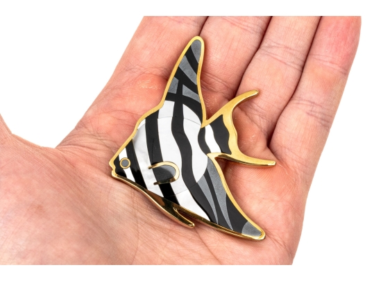 Tiffany & Co. 18k Yellow Gold Angela Cummings Stunning Inlaid Angel Fish Brooch, With Box