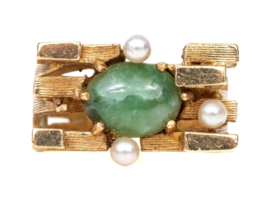 10k Yellow Gold Vintage Brutalist Style Nephrite Jade And Seed Pearl Set Ring, Size 4.75