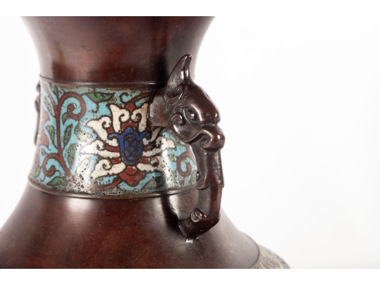 Chinese Archaic-Style Brass And Cloisonné Enamel Hu Vase
