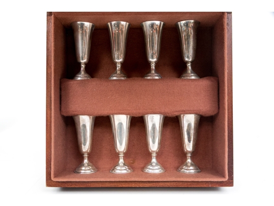 Set Of Eight Vintage Cartier Sterling Silver Liquer Cups, Cased    5.850 Troy Ozs. 