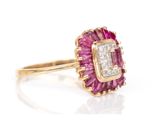 14k Yellow Gold Ruby And Diamond Cluster Ring, App. 0.03 TCW In Diamonds, Size 7.75