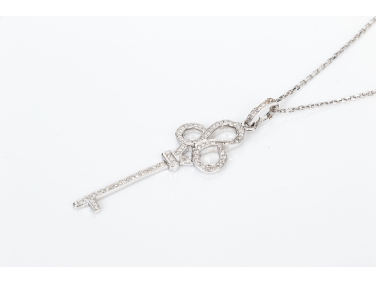 14k White Gold Handsome Diamond Set Swirled End Key Pendant, App. 0.21 TCW, With Chain