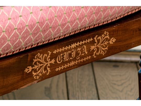 Mahogany And Cane Custom Upholstered Accent Armchair