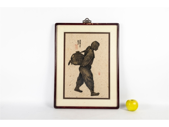 Pair Of Framed Asian Ink Drawings On Textured Paper