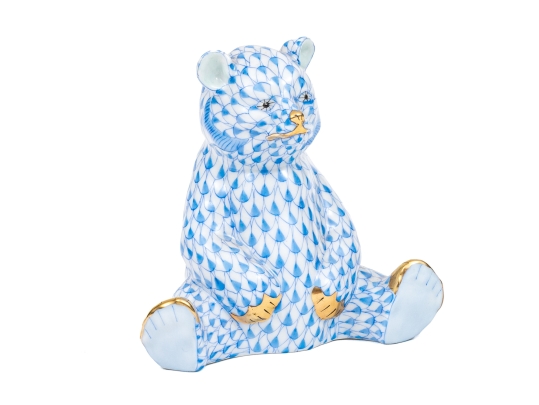 Herend Hungary Hand-Painted Porcelain Sitting Bear, Blue Fishnet Pattern
