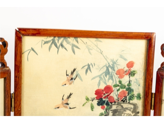 Miniature Chinese Hand-Painted Silk Folding Table Screen
