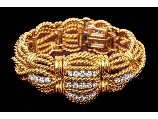 David Webb 18k Yellow Gold Stunning Vintage Diamond Set Rope Motif Bracelet, With Hidden Watch