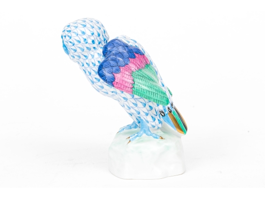 Herend Hungary Hand-Painted Porcelain Owl Figure, Blue FIshnet Pattern With Polychrome Plumage