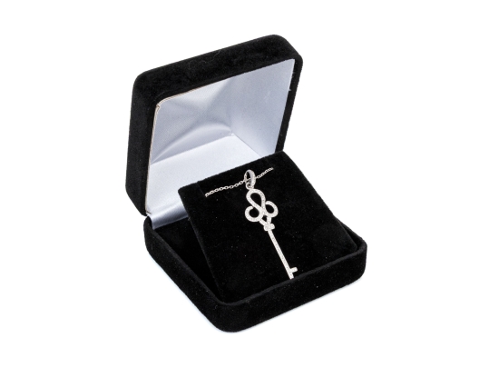 14k White Gold Handsome Diamond Set Swirled End Key Pendant, App. 0.21 TCW, With Chain