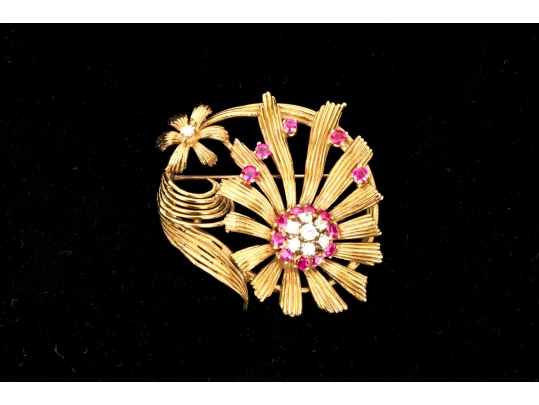 Karbra Yellow Gold Magnificent Vintage Ruby And Diamond Flower Cluster Brooch