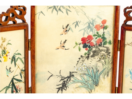 Miniature Chinese Hand-Painted Silk Folding Table Screen