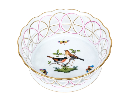 Herend Hungary Hand-Painted Porcelain Reticulated Bowl, Rothschild Bird (RO) Pattern