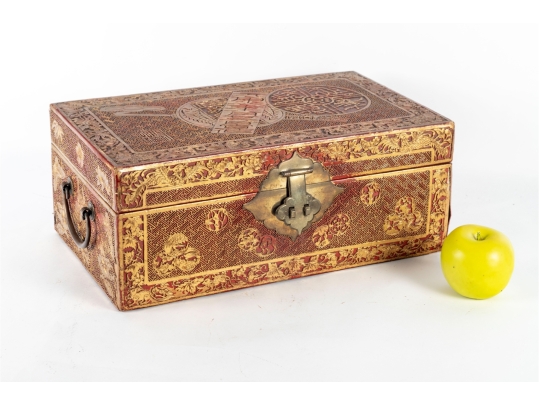 Antique Chinese Red And Gilt Lacquered Wood Storage Box With Brass Hardware