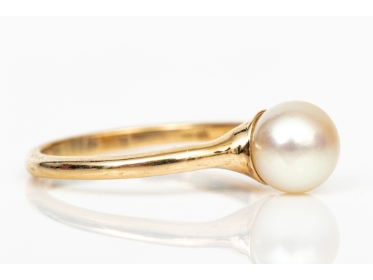14k Yellow Gold Simple Pretty 6.75mm Cultured Pearl Solitaire Ring, Size 6+