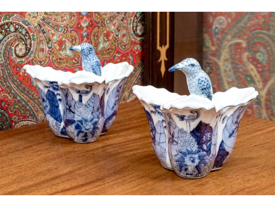 Pair Of Decorative Chinese Porcelain Trefoil Partitioned Vases