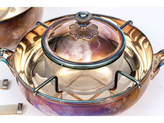 Associated Set Of Two Silver Plated And Glass Caviar Servers With Two Mother Of Pearl Spoons