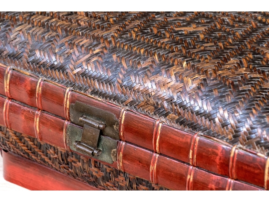 Vintage Chinese Woven Rattan And Lacquered Pillow Form Lidded Storage Box