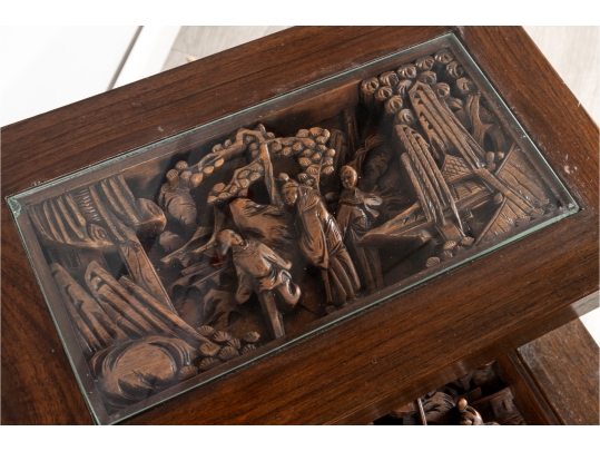 Mid-20th Century Chinese Hand-Carved Tiered Side Table With Figural Panels