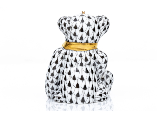 Rare Herend Hungary Porcelain Teddy Bear Ornament Figure, Black Fishnet Pattern