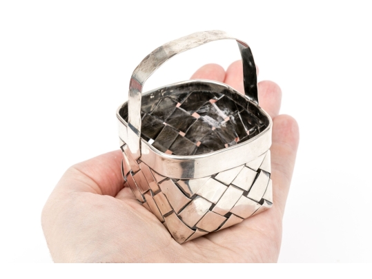 Cartier Whimsical Handmade Sterling Silver Woven Basket, With Box