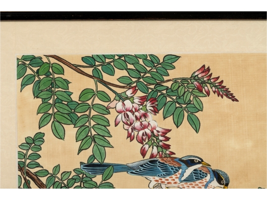 Framed Asian Painting On Silk Of Blue Jays And Blossoms