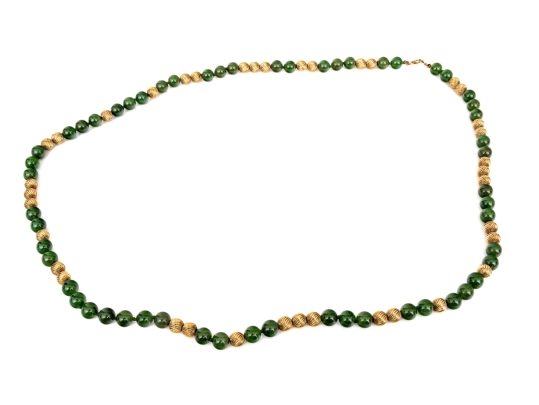 Fabulous Retro Opera Length Nephrite Jade And Corrugated Gold Bead Necklace