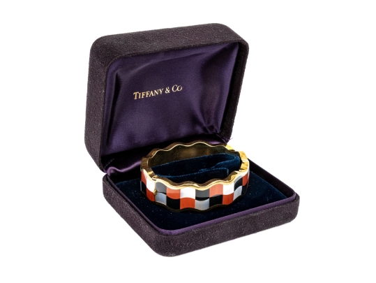 Tiffany & Co. 18k Yellow Gold Angela Cummings Wonderful Inlaid Wave Bangle, With Box
