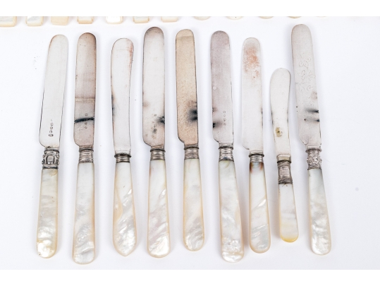 Set Of Antique English Mother Of Pearl Handled Knives, 28 Pieces