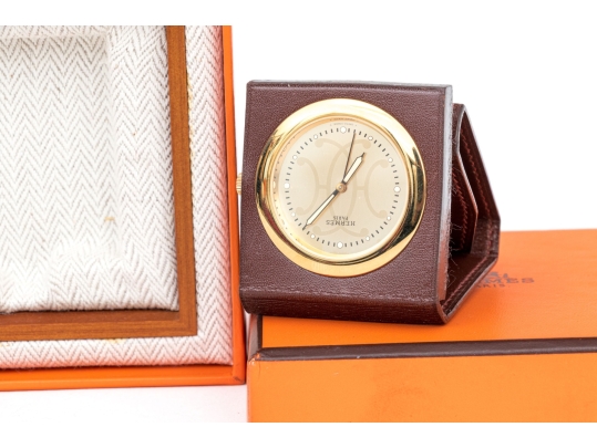 Hermes Diminutive Travel Alarm In Leather Case, Boxed